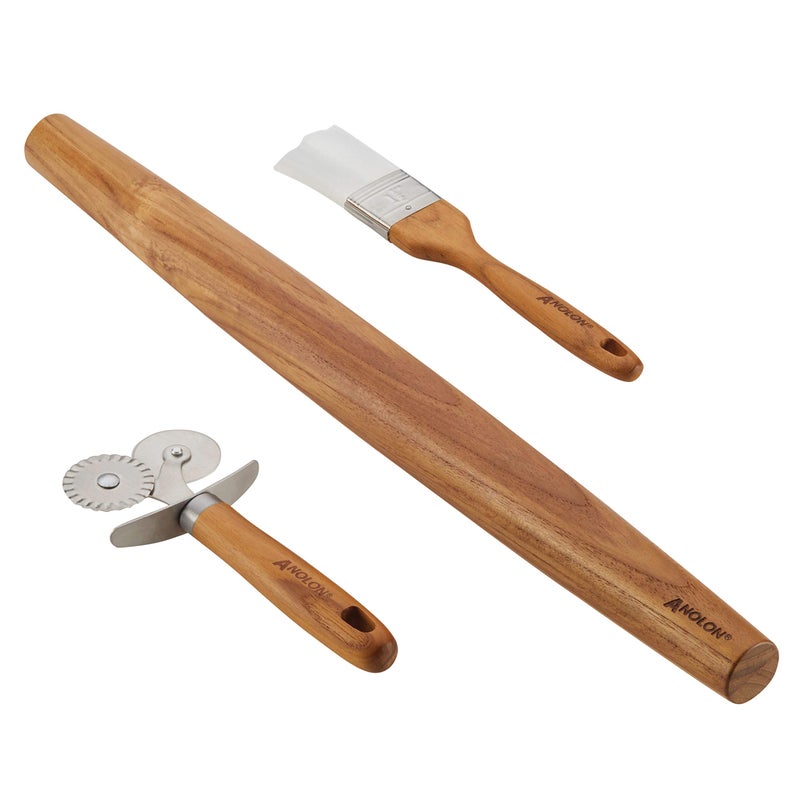 Anolon Tools and Gadgets 3-Piece Prep Set Pastry Wheel Cutter, Pastry Brush, 19" French Rolling Pin - Image 1
